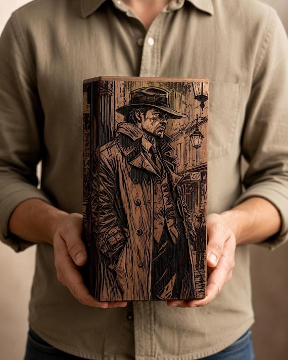 Rosewood Cremation Urn, Laser Engraved Detective Art Memorial Box
