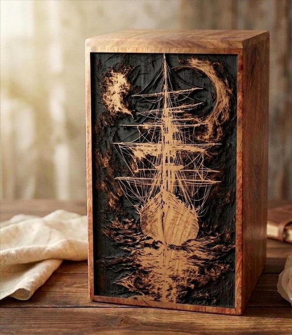 Personalized Urn in Rosewood, Engraved Sailing Ship Memorial Box