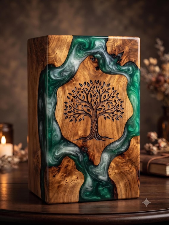 Handmade Wooden Cremation Urn for Human Ashes, Personalized Tree of Life Memorial Box