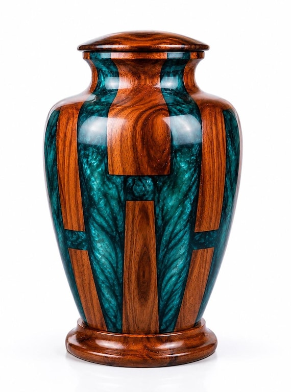 Handmade Wooden Cremation Urn for Human Ashes | Teal Resin Memorial Vase | Funeral Keepsake Box