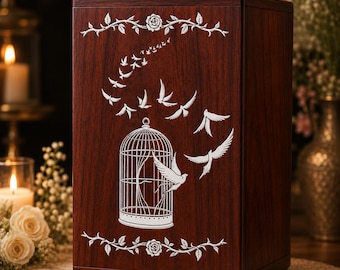 Handcrafted Rosewood Cremation Urn: Bird Cage & Flying Birds Memorial Keepsake