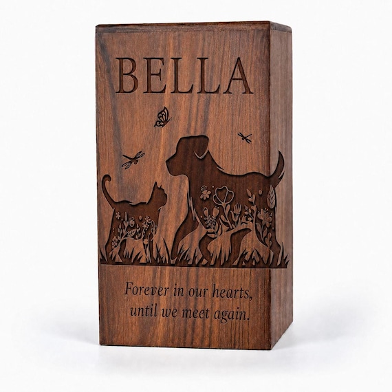 Personalized Cat Urn for Ashes, Laser Engraved Wooden Memorial Keepsake Box
