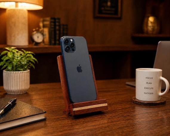 Handcrafted Rosewood Phone Stand, Laser-Cut Gold Inlay Desk Accessory