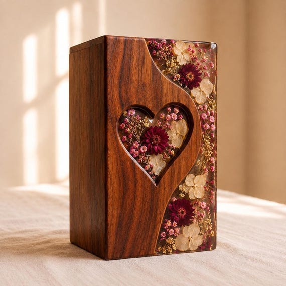 Handmade Wooden Cremation Urn | Floral Resin Memorial Box | Rosewood Ashes Keepsake | Home Decor