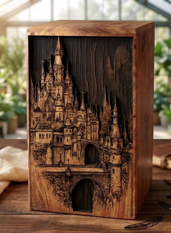 Fantasy Castle Rosewood Cremation Urn, Laser Engraved Memorial Keepsake Box