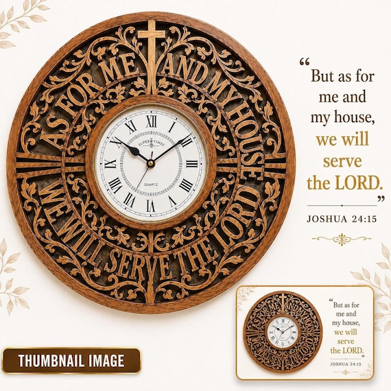 Wooden Christian Wall Clock, Joshua 24:15 Verse Decor with Elegant Openwork Design