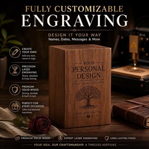 A wooden urn box engraved with a tree and the text YOUR PERSONAL DESIGN, with text overlay detailing customizable options.