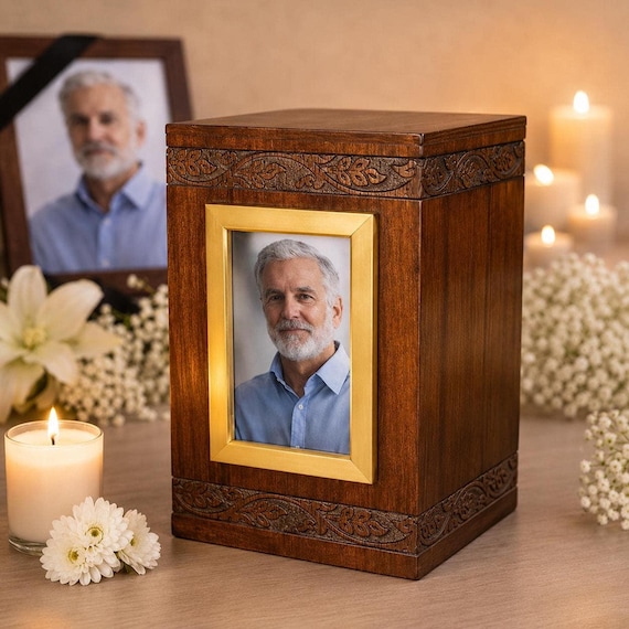 Handcrafted Wooden Photo Urn for Human Ashes | Personalized Memorial Picture Frame Cremation Urn
