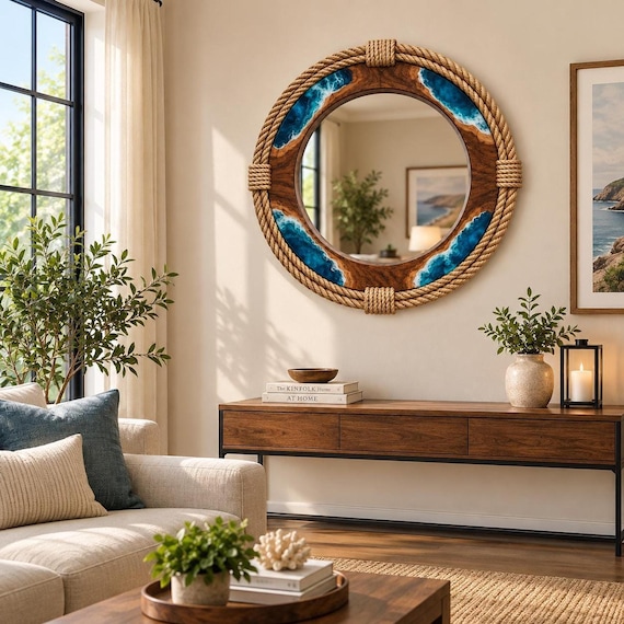 Round Ocean Resin Rope Mirror, Handmade Wood Wall Decor, Coastal Nautical Home Accent