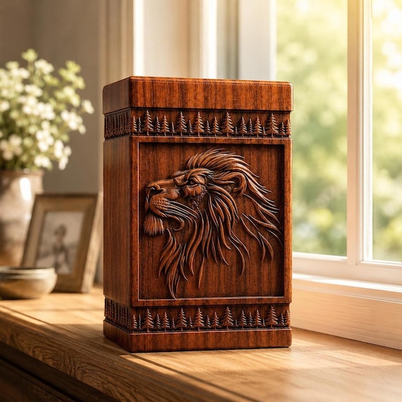Lion Cremation Urn with Engraved Head Design | Personalized Wooden Keepsake Box