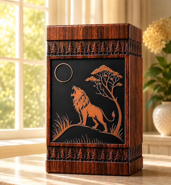 Personalized Lion Memorial Urn for Human Ashes, Handmade Hardwood Keepsake Box