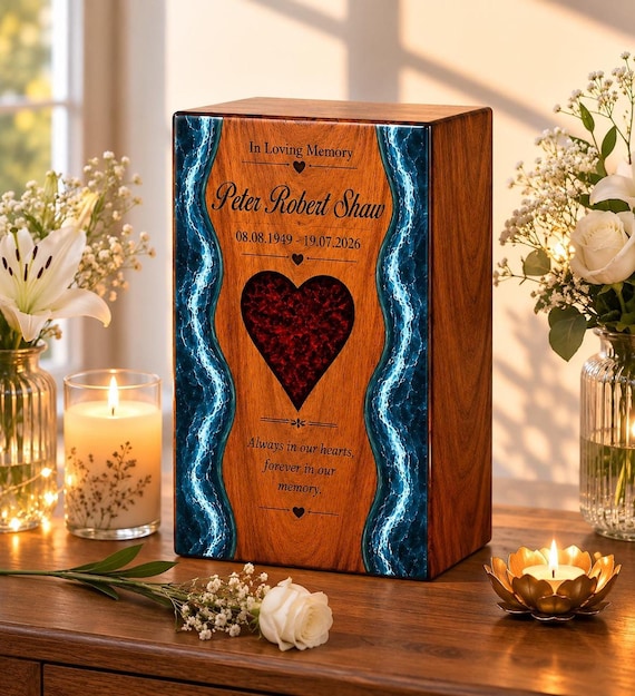 Handmade Personalized Wooden Cremation Urn, Resin Heart Memorial Box, Custom Engraved Ashes Keepsake,