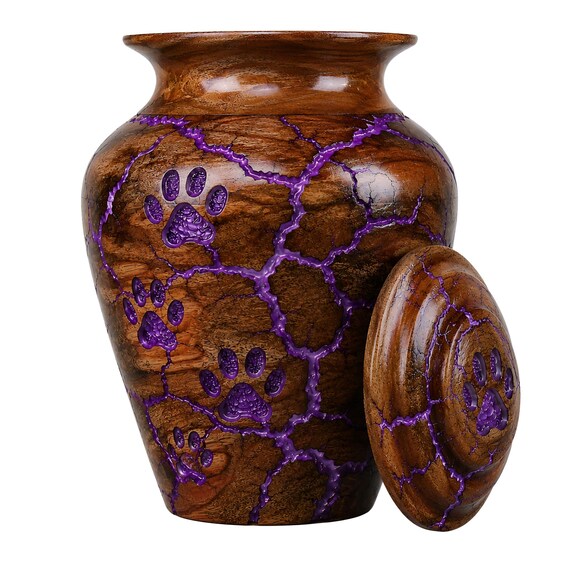 Handmade Wooden Pet Urn: Purple Paw Print Memorial Keepsake Burial Box