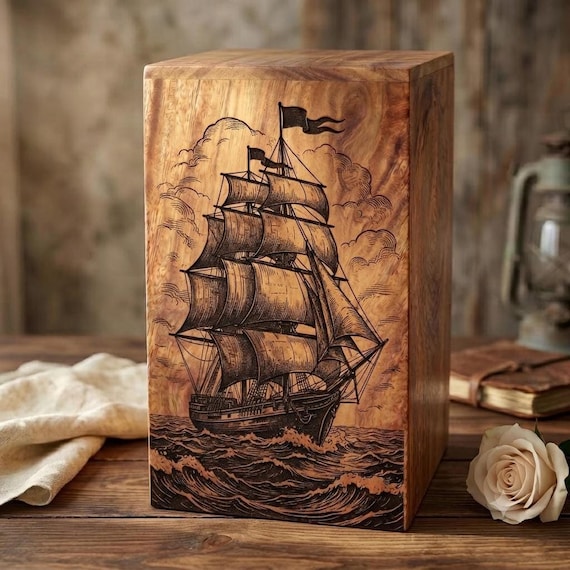 Handmade Wooden Cremation Urn, Ship Engraved Memorial Box, Personalized Ashes Keepsake, Rosewood Burial