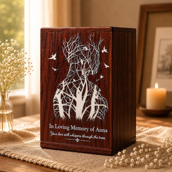 Cremation Urn Ocean Wood Memorial Urn, Handcrafted Rosewood Keepsake Box with White Inlay