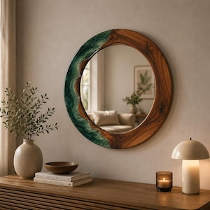 Handmade Resin Wood Round Mirror, Coastal Rustic Vanity Decor