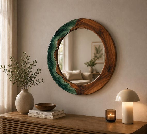 Handmade Resin Wood Round Mirror, Coastal Rustic Vanity Decor