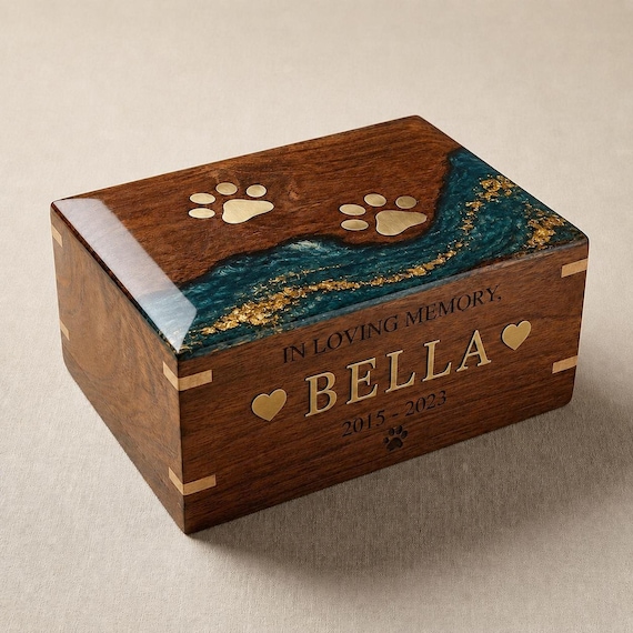 Personalized Wooden Dog Urn: Custom Pet Memorial Keepsake Box with Brass inlay paw print;