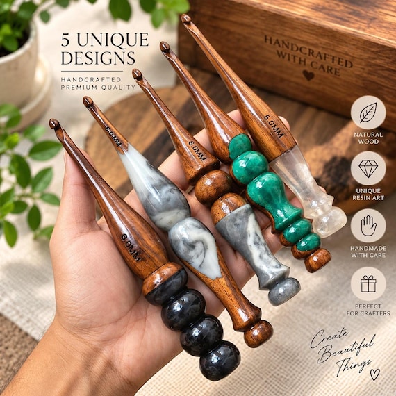 Handmade Crochet Hooks, Wood Resin Handle, Ergonomic Craft Tool, Multiple Sizes, 5 7 9 13 Pieces
