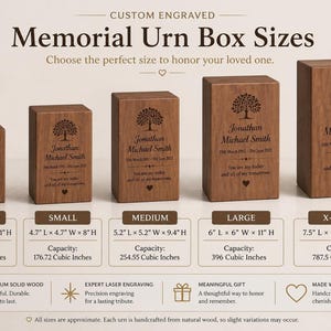 Five different sizes of wooden memorial urn boxes lined up from smallest to largest, each displaying customized text and a tree design.