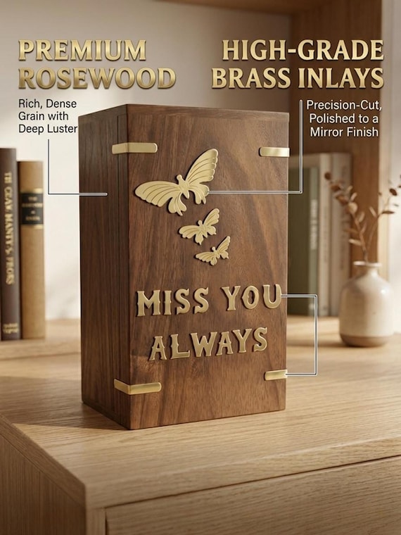 Handmade Rosewood Cremation Urn, Brass Butterfly Memorial Box, Personalized Ashes Keepsake