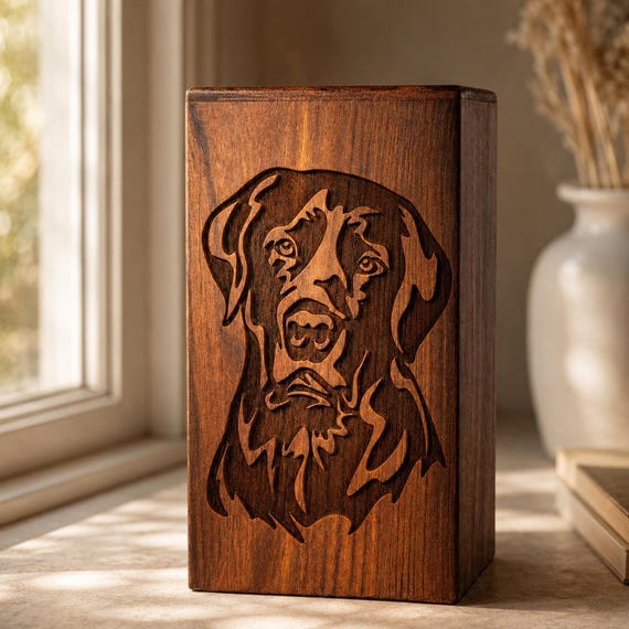 Personalized Dog Urn | Custom Walnut Laser Engraved Portrait Memorial Keepsake Box