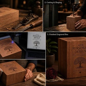 Five different sizes of wooden memorial urn boxes lined up from smallest to largest, each displaying customized text and a tree design.