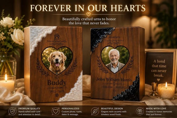 Handmade Personalized Wooden Urn for Human or Pet Ashes, Photo Memorial Keepsake, Resin Inlay,