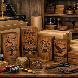A multi-step process showing raw wood blocks being cut, laser engraved, and finished into personalized urns.