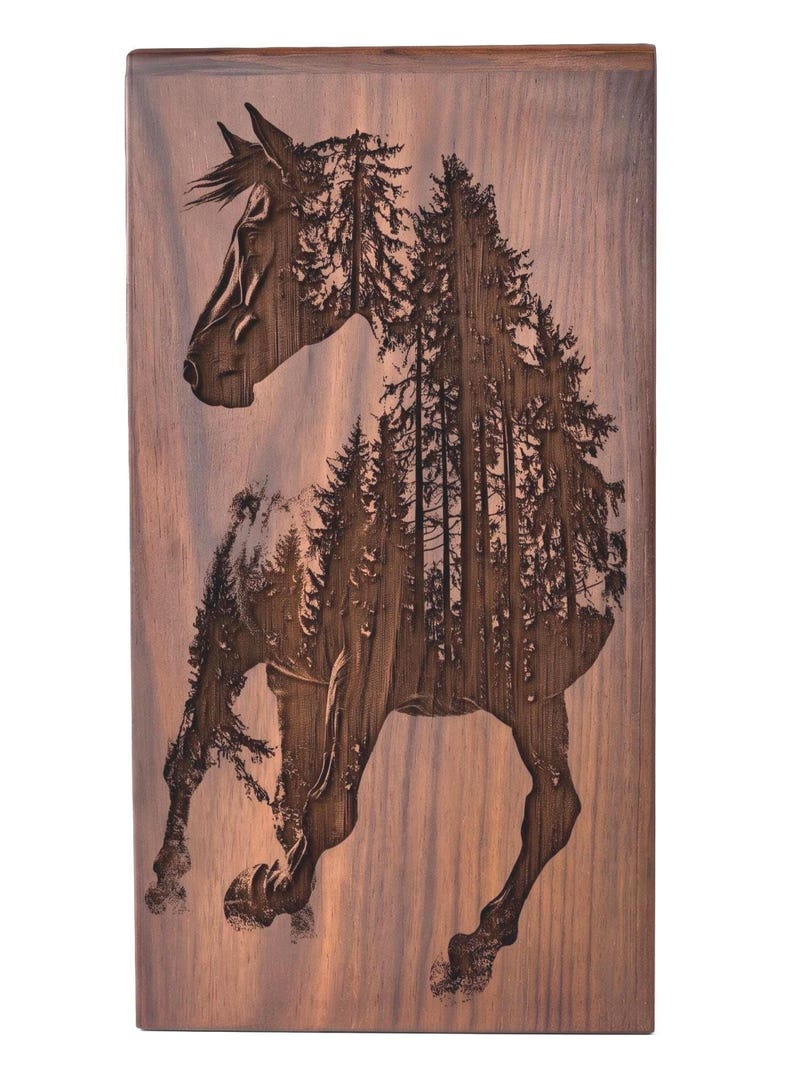 A rectangular wooden panel laser-engraved with the silhouette of a horse filled with a dense forest scene.