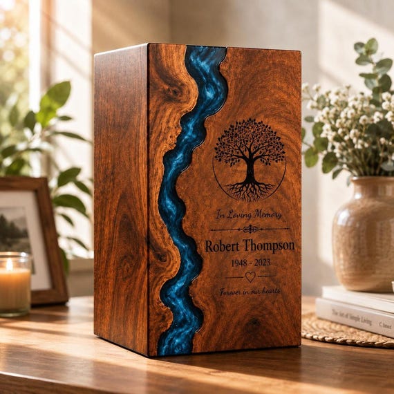 Handmade Wooden Cremation Urn, Personalized Memorial Ashes Box, Blue Resin Keepsake