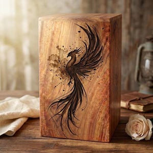 A wooden cremation urn featuring a detailed laser-engraved phoenix rising amidst splatters.