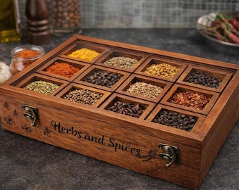 Rosewood Spice Box with Glass Lid, 12 Compartment Masala Dabba, Rustic Kitchen Organizer