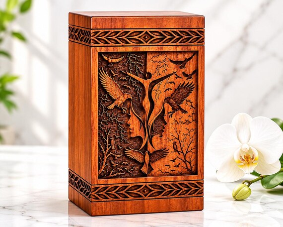 Rosewood Cremation Urn | Raven Spirit Laser Engraved Memorial Box (Personalized)