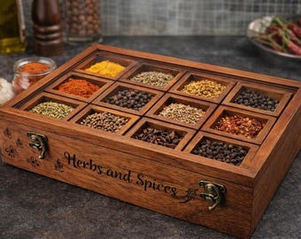 Rosewood Spice Box with Glass Lid, 12 Compartment Masala Dabba, Rustic Kitchen Organizer