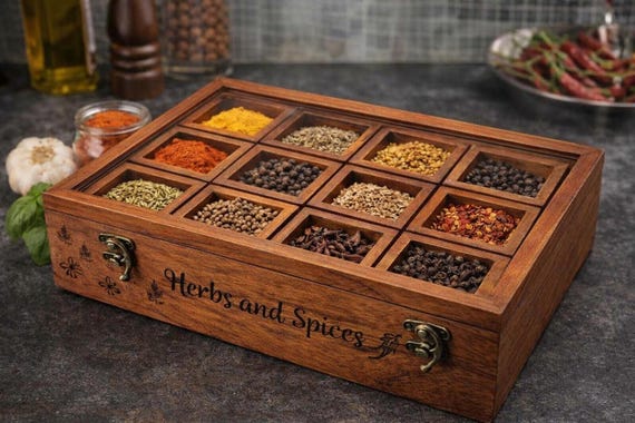 Rosewood Spice Box with Glass Lid, 12 Compartment Masala Dabba, Rustic Kitchen Organizer