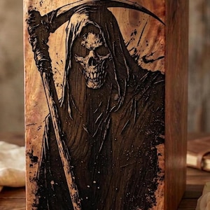 A wooden urn box engraved with a detailed depiction of the grim reaper holding a scythe.