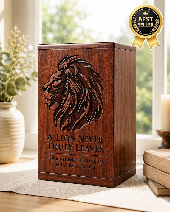 Lion Legacy Urn, Handcrafted Wooden Heirloom Urn for Human Ashes with Engraved Portrait