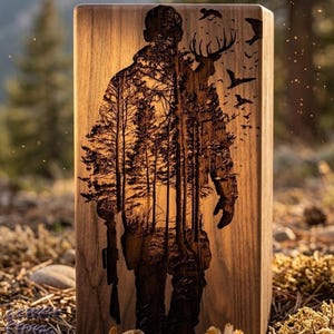 Op de afbeelding: Een rechthoekige houten bloklamp met een lasergegraveerd silhouet van een jager met een geweer, geïntegreerd met een bosscène, een hert met gewei en een zwerm vogels. Het licht schijnt van binnenuit door het houtontwerp.