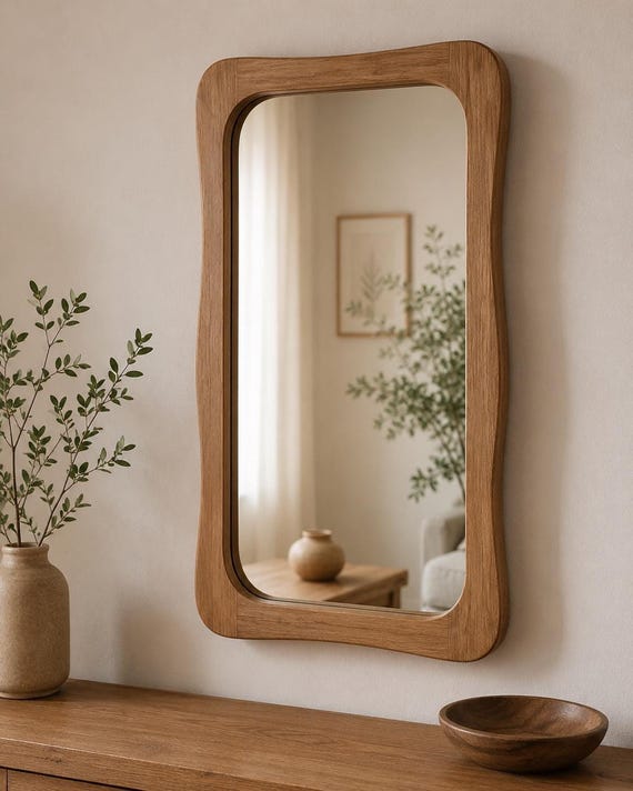 Handmade Wooden Wall Mirror, Organic Modern Bathroom Vanity, Solid Wood Farmhouse Entryway Decor