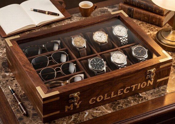Handmade Rosewood Watch Box, 12 Slot Organizer, Glass Top Display Case, Personalized Jewelry Storage