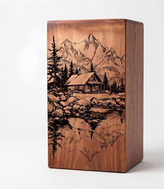 Handmade Rosewood Cremation Urn, Mountain Cabin Memorial Box, Personalized Ashes Keepsake
