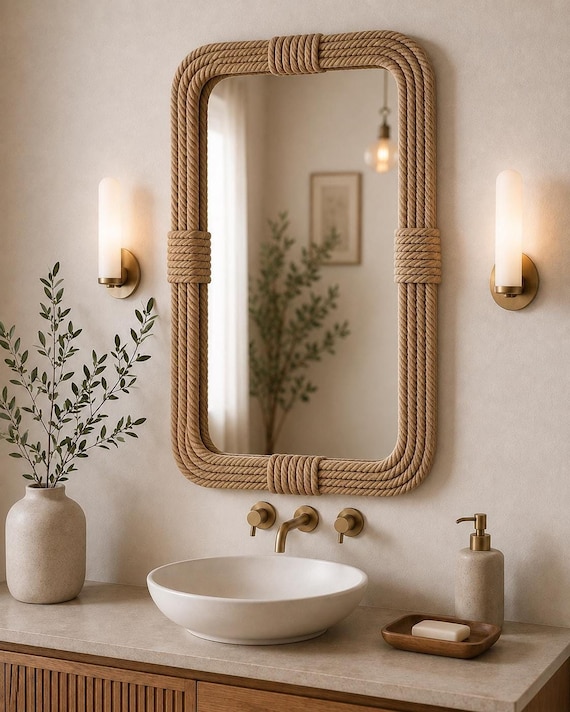 Handmade Rope Wall Mirror, Nautical Coastal Decor, Farmhouse Vanity Accent, Boho Rectangular Wood Frame