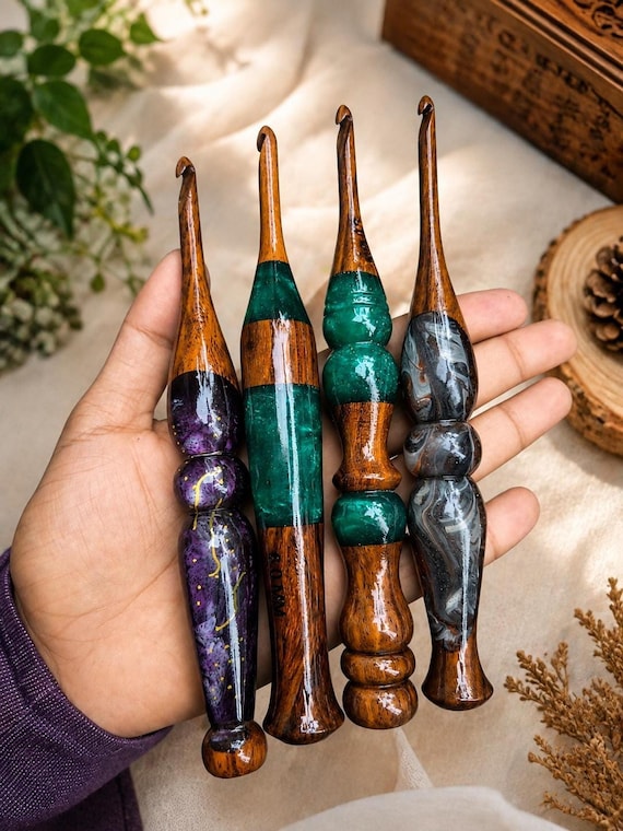 Handmade Wooden Crochet Hook Set, Resin Needles 2–13 mm, Custom Personalized Crafting Tools