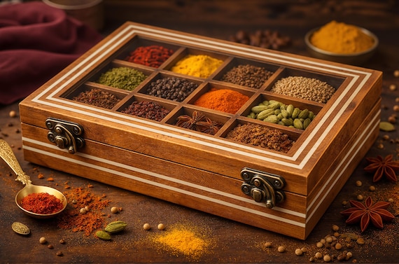 Wooden Spice Box Glass Lid Sheesham Masala Organizer Handmade Kitchen Storage Caddy