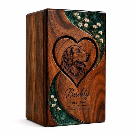 Personalized Pet Urn, Custom Dog Memorial, Photo Portrait Cremation Box, Laser Engraved Wooden Ashes