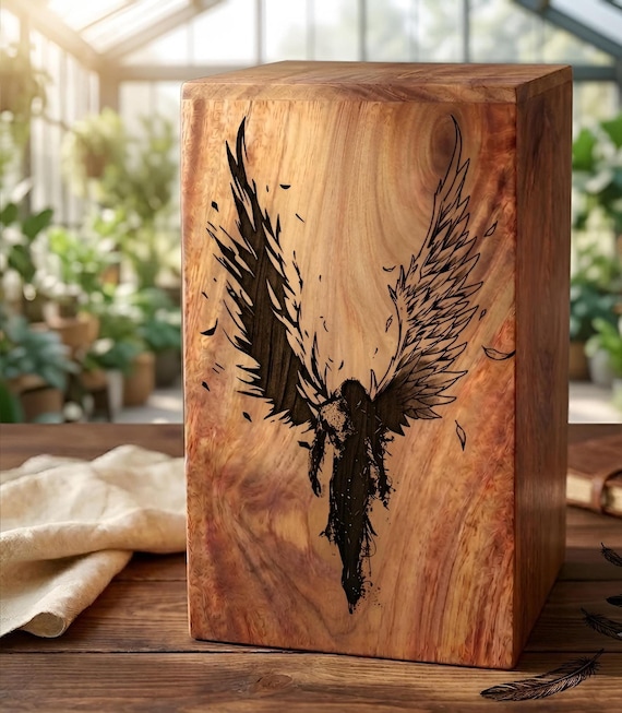 Personalized Rosewood Cremation Urn: Angel Wings Memorial Box Keepsake