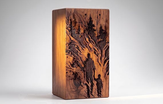 Personalized Laser Engraved Urn for Human Ashes, Solid Rosewood with Forest Silhouette Design