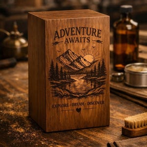 A rectangular wooden urn box laser-engraved with a mountain landscape and the text Adventure Awaits.