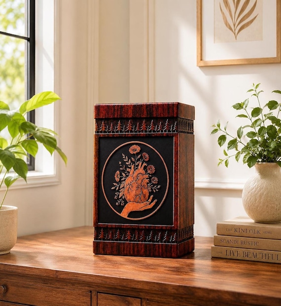 Rosewood Cremation Urn – Handcrafted Anatomical Heart Wildflower Memorial Box